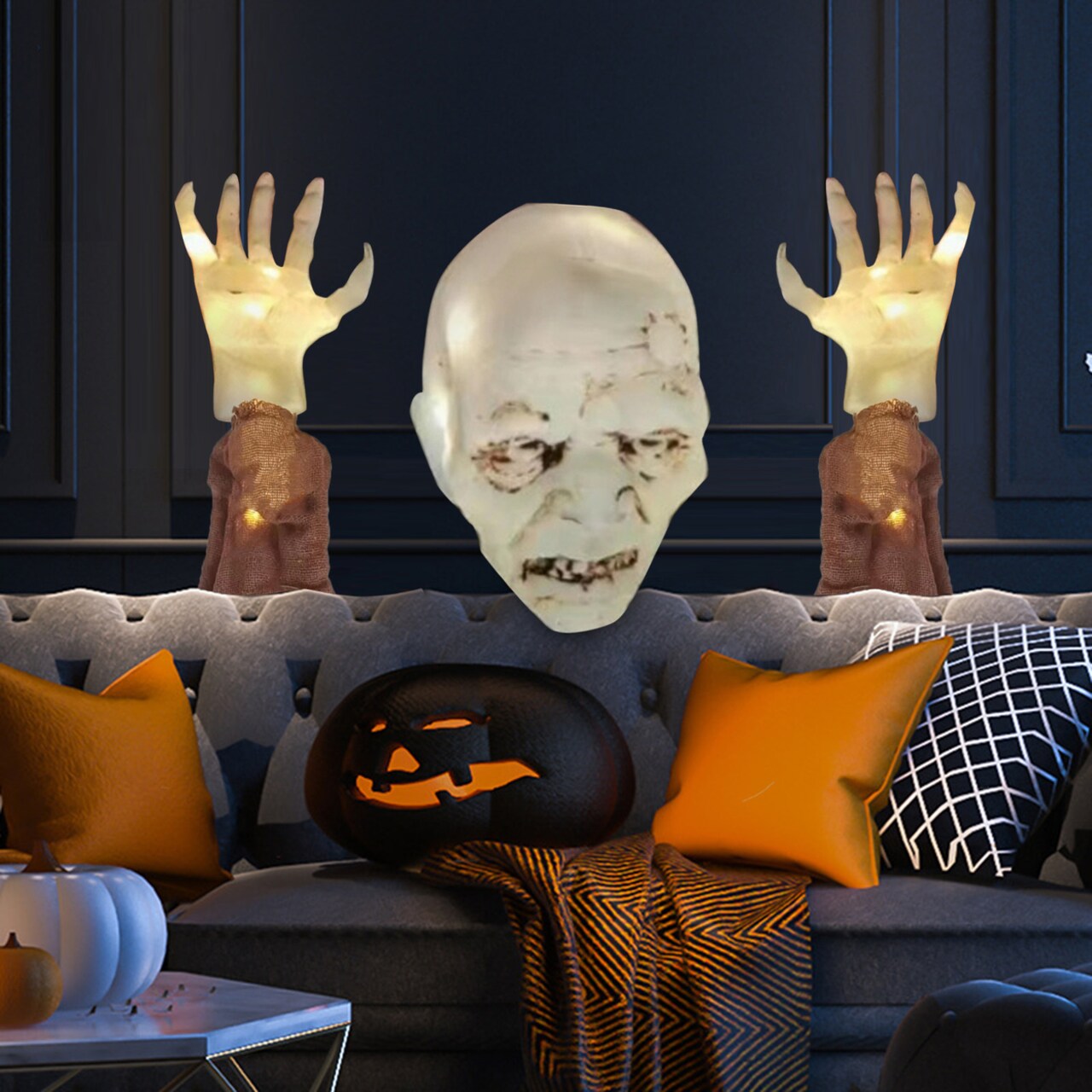 Halloween Lighted Zombie Ornament Realistic Skull Arm Set Light-Up Corpse Prop Ground Stake For Yard Garden Lawn